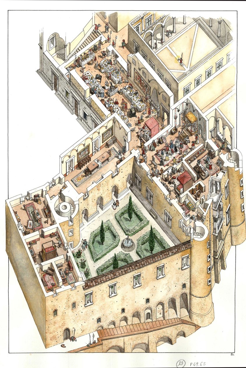 Rekonstruktion af det ædle gulv i hertugpaladset i Urbino, Italien. Det blev bygget af hertug Federico da Montefeltro (Frederic de Montefeltre, hertug af Urbino) i det 15. århundrede. af Giorgio Albertini