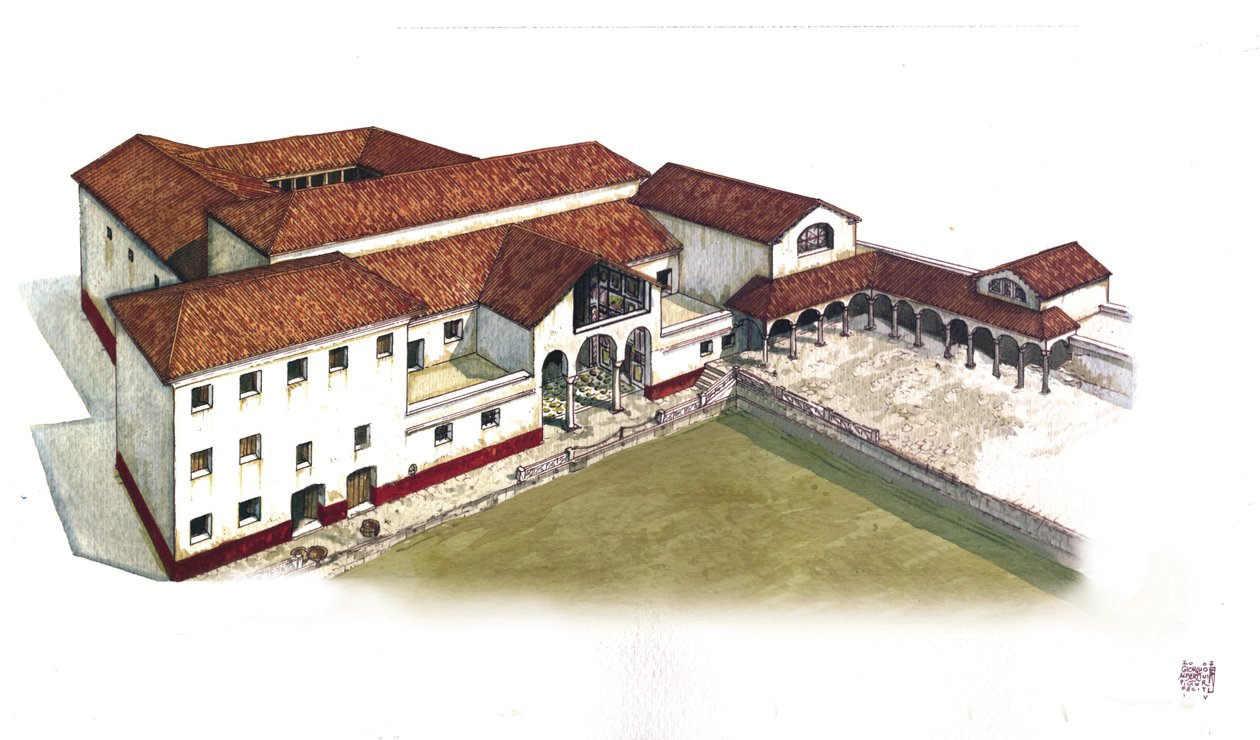 Roman Antiquite: Rekonstruktion af stedet for havportens domus (domus di porta marina) i Ostia antica (det gamle Ostia) i det 4. århundrede, Italien. af Giorgio Albertini