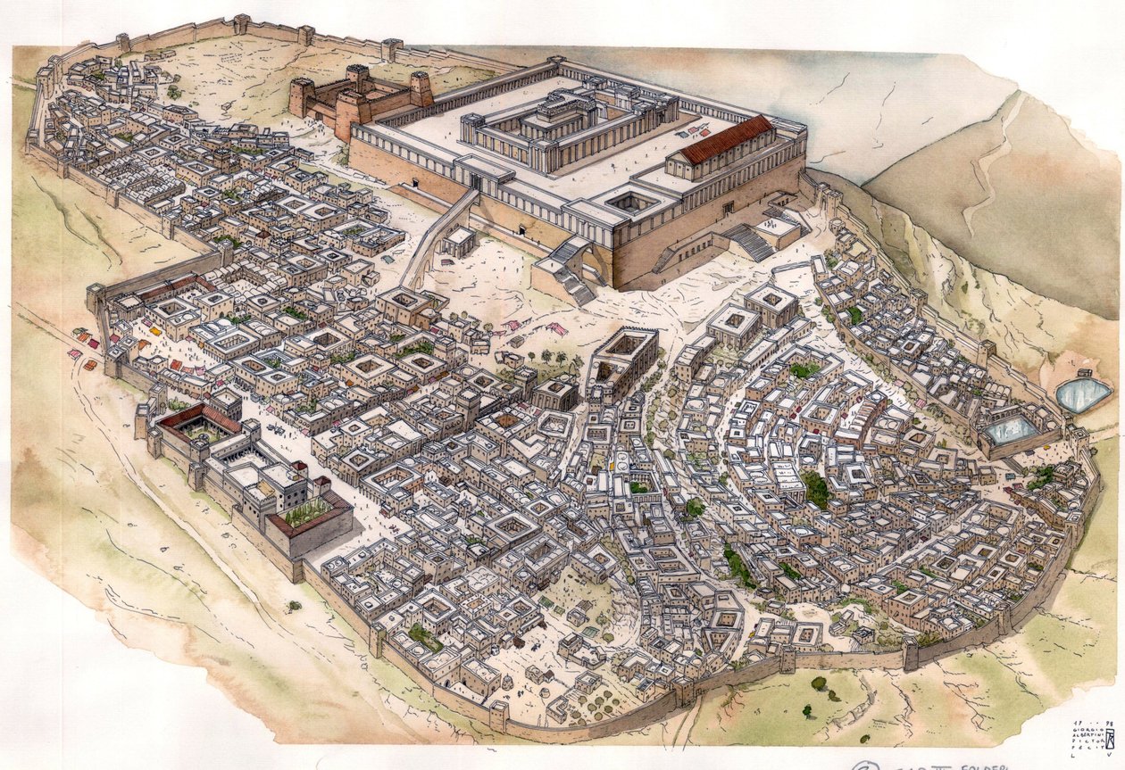 Romersk antikvitet: Genopbygning af byen Jerusalem, templet dominerer byen ved siden af fæstningen Antonia, som husede den romerske garnison. Israel. af Giorgio Albertini