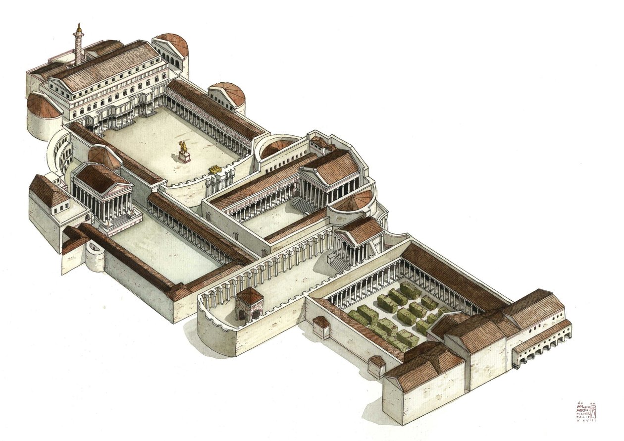 Roman antiquite: Rekonstruktion af Trajans forum (foro di traiano) i det 3. århundrede e.Kr. i Rom. Italien. af Giorgio Albertini