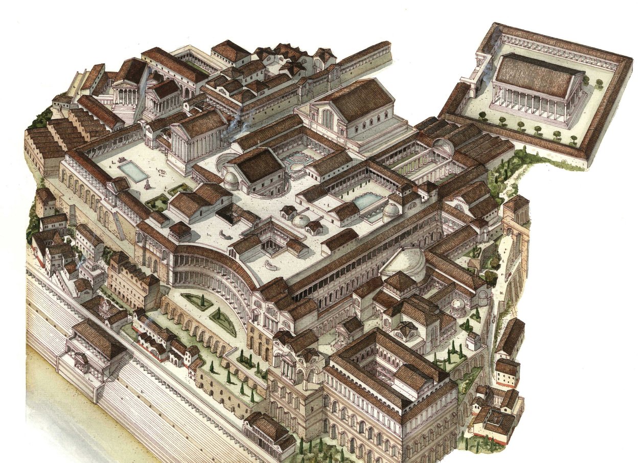 Romersk antikvitet: Rekonstruktion af Palatinerbjerget (Glue Palatino) i det 4. århundrede, hvor skiftende kejsere (Augustus, Nero, Severe Septime) byggede deres respektive paladser. Rom Italien af Giorgio Albertini