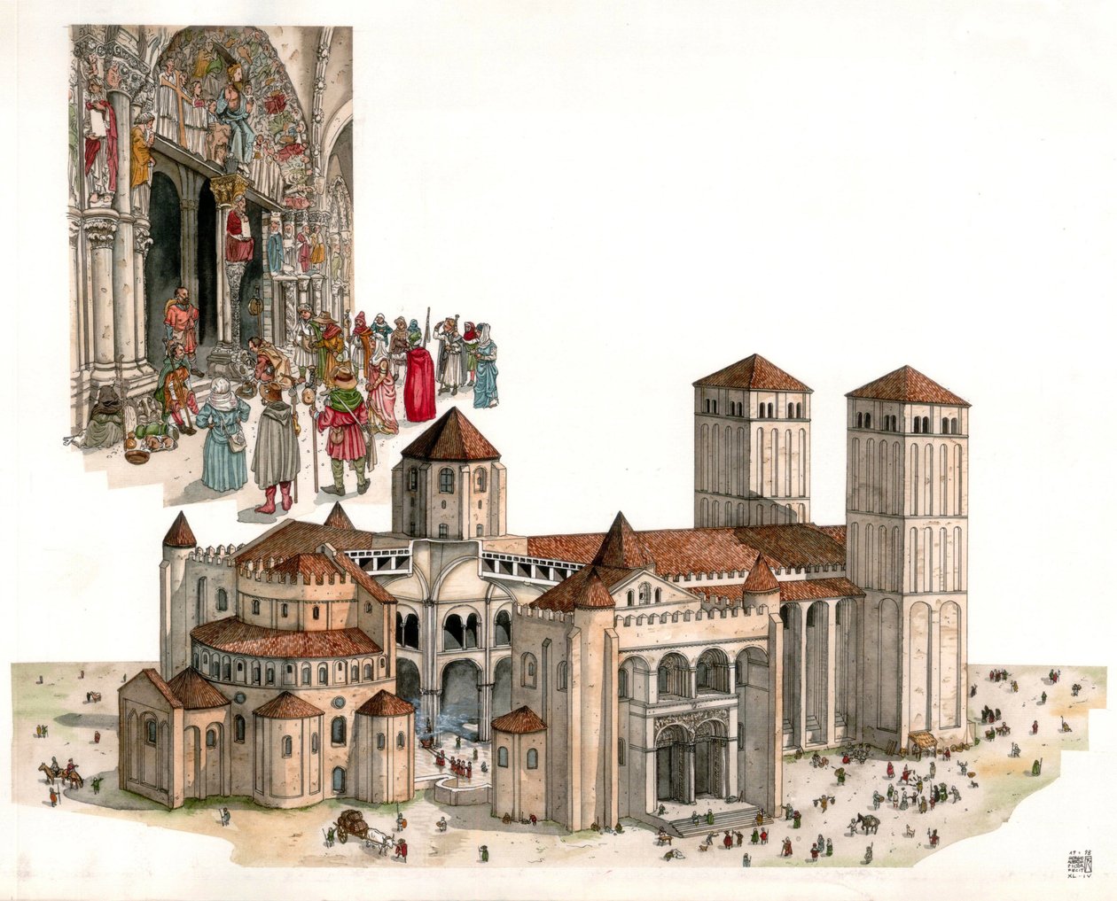 Romansk kunst: Oversigt over katedralen i Santiago de Compostela, bygget i det 11. og 12. århundrede, i Santiago de Compostela, Spanien. af Giorgio Albertini