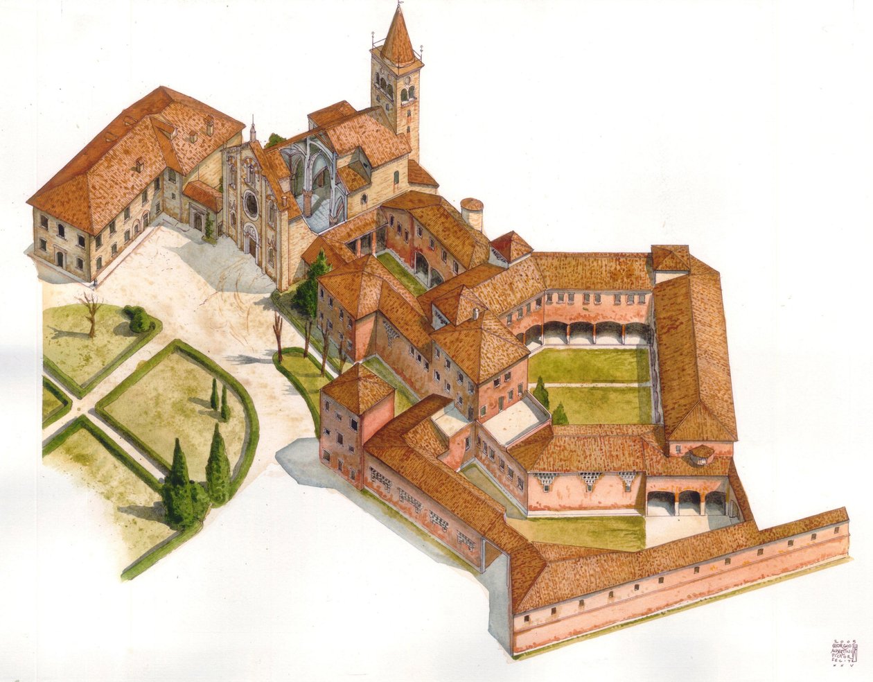 Romanogotisk kunst: luftfoto af strukturen i Viboldone-klosteret, der blev bygget mellem 1176 og 1348 i San Giuliano Milanese, nær Milano, Italien Illustration af Giorgio Albertini. (Brugen af denne forfatters værker er ikke underlagt en ansøgning om tilla af Giorgio Albertini