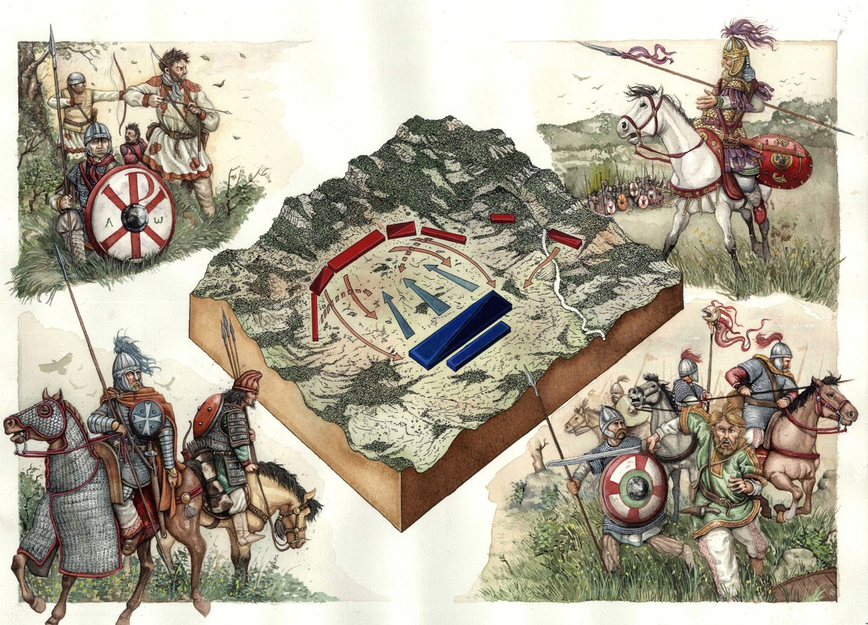 Goternes krig (535-553) mellem byzantinerne og ostrogoterne: Slaget ved Taginae i juli 552, som gjorde det muligt for Justinians byzantiner at marchere ind i Rom fra Ravenna. af Giorgio Albertini