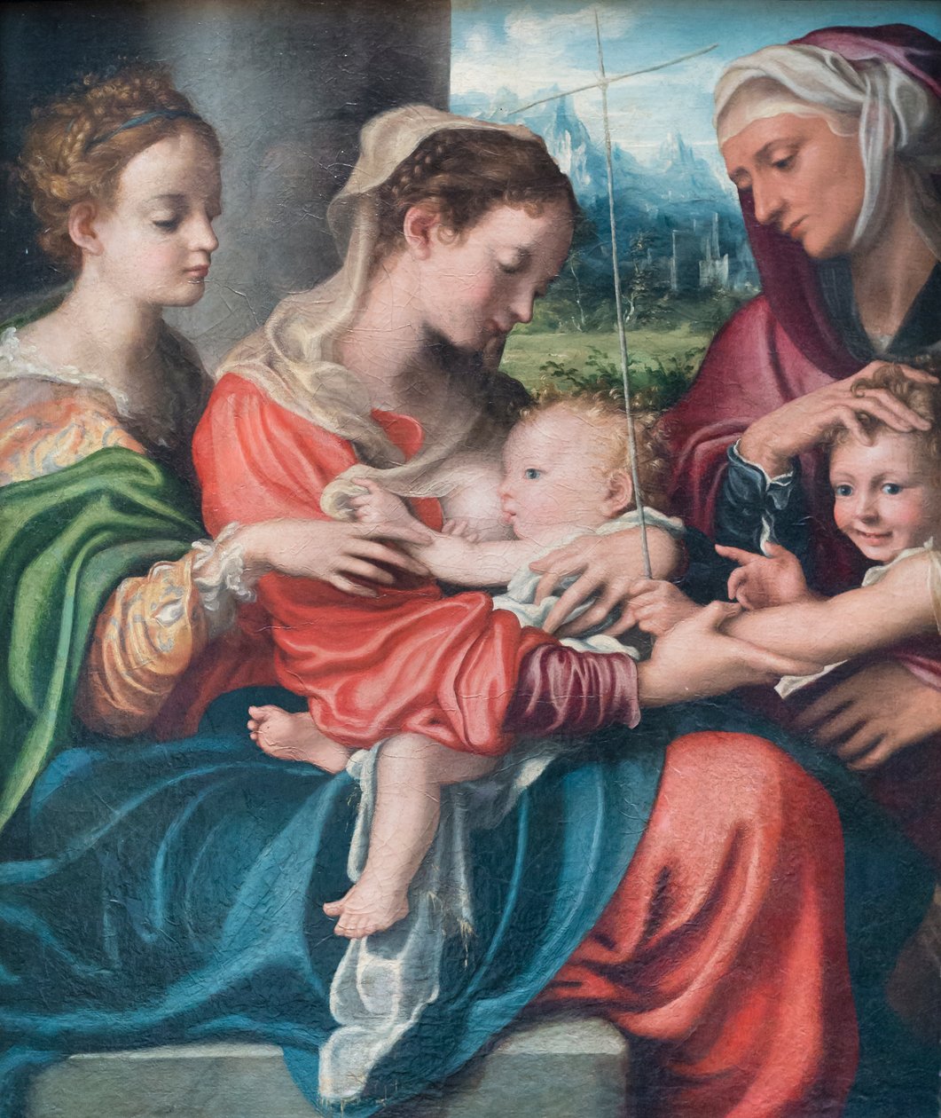 Madonna, der fodrer barnet, den unge Johannes og Maria Magdalene og Elizabeth, ca. 1530 (olie på lærred) af Giorgio Gandini del Grano