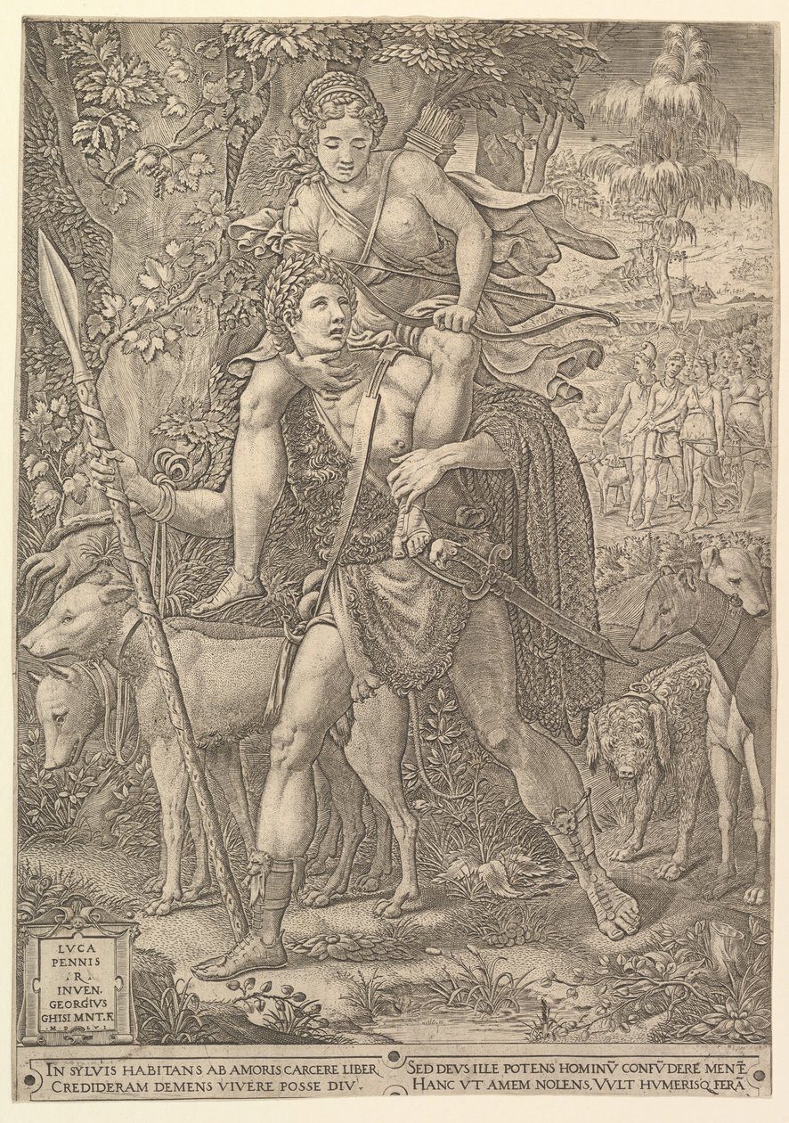 Allegory of the Hunt, en jæger, der holder et stort spyd med en kvinde Diana på sit shou..., 1556. af Giorgio Ghisi