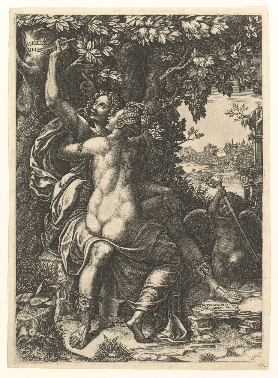 Angelica og Medoro, parret omfavner, Medoro skærer deres navne ud i barken af en..., ca. 1570. af Giorgio Ghisi