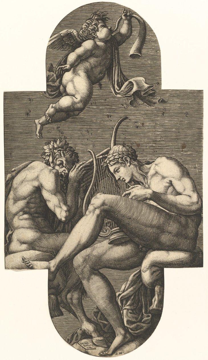 Apollo, Pan og en putto, der blæser i horn, fra en serie på otte kompositioner efter Frankrig..., 1560