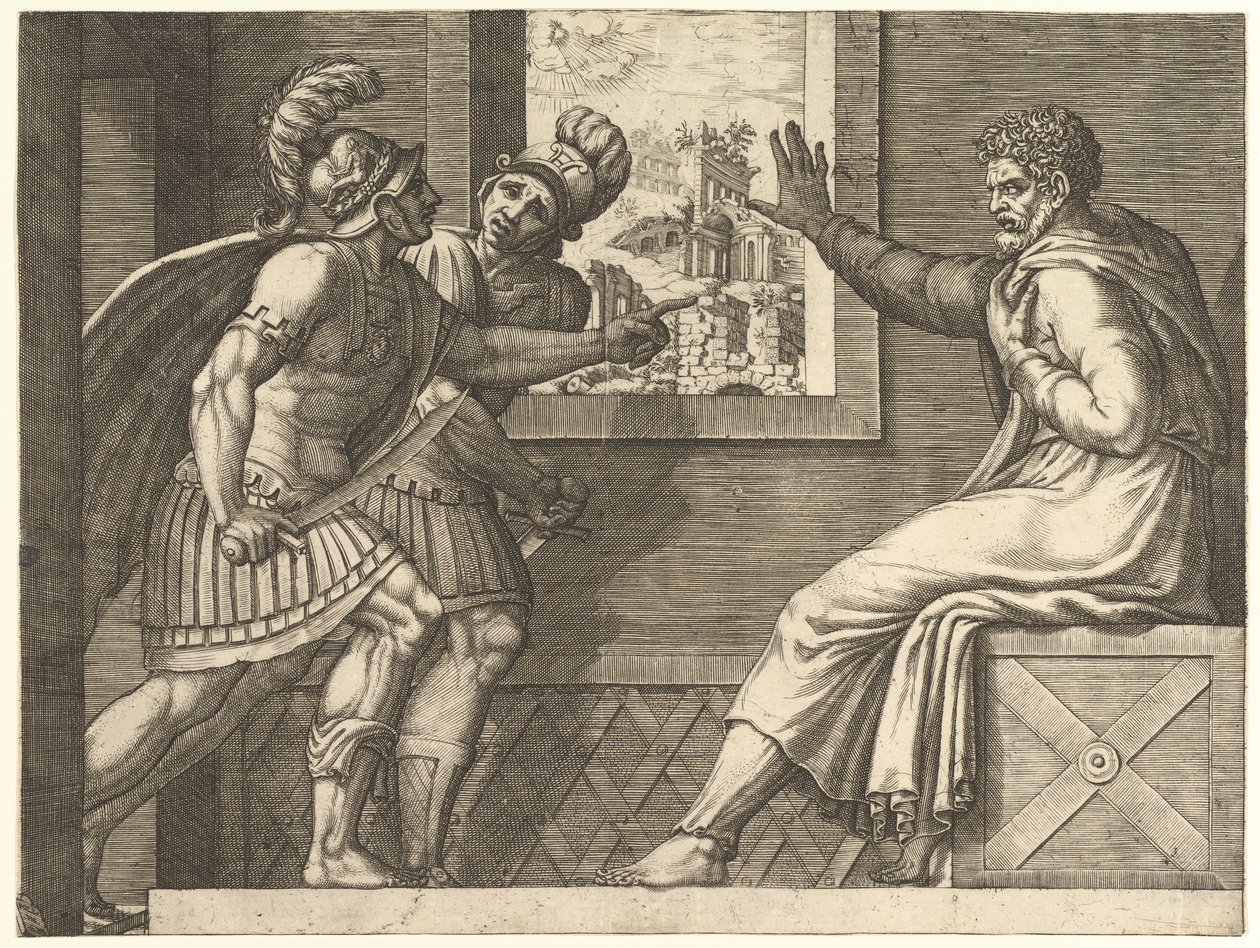 Caius Marius i fængslet, to kimbriske soldater ind i hans celle, 1560-69. af Giorgio Ghisi