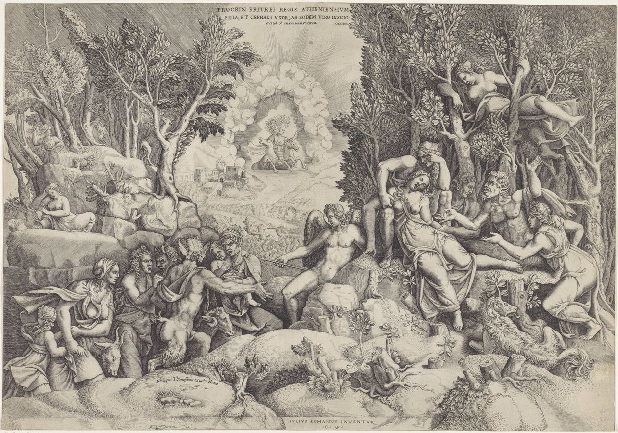Cephalus en de Bosgoden beweenen de dood van Procris Procrinus af kongen af ​​Athen / Datter og hustru af Cephalos, af samme mand ubevidst (titel på objekt) af Giorgio Ghisi