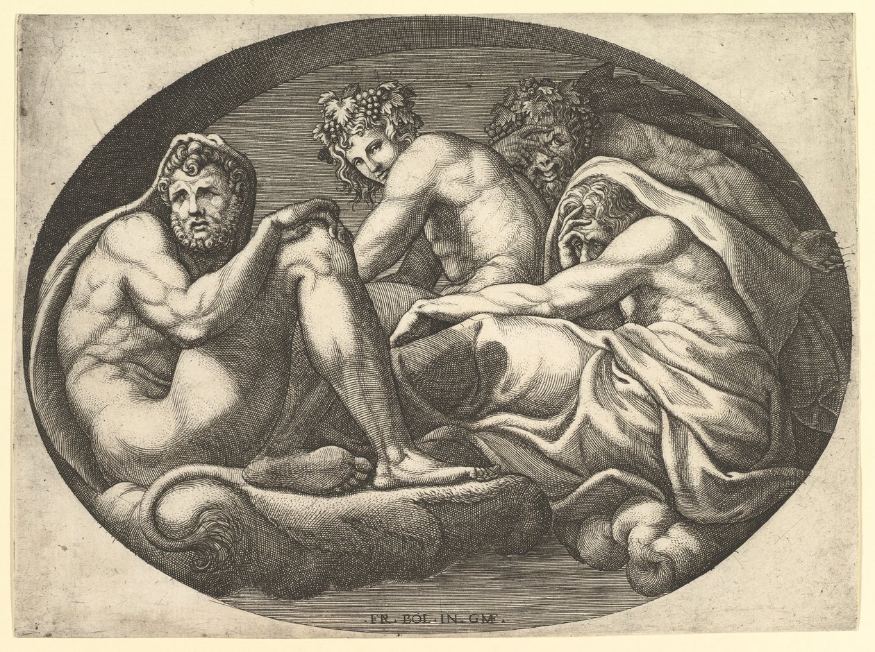 Hercules, Bacchus, Pan og Saturn, fra en serie på otte kompositioner efter Francesco P..., 1560