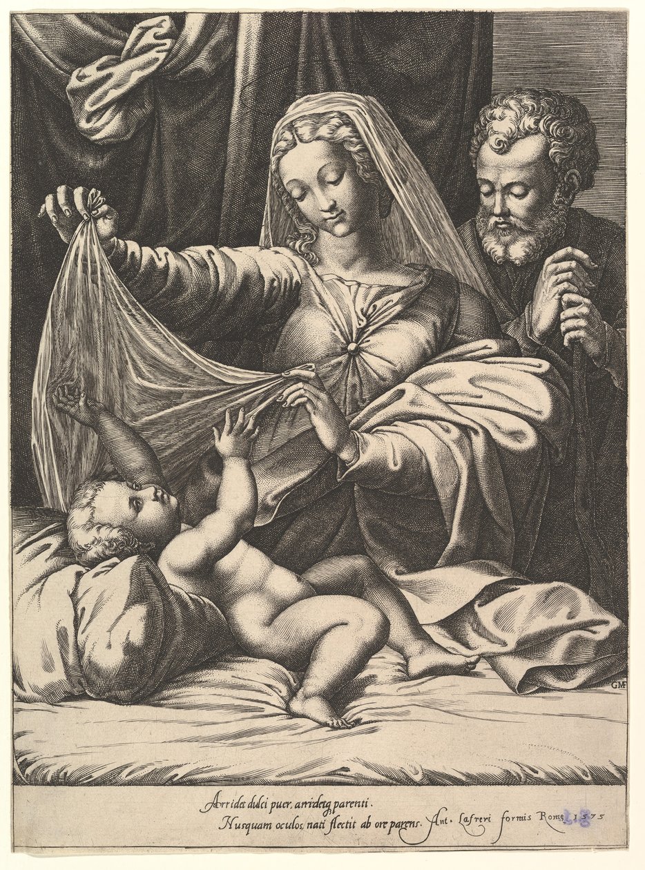 Madonna af Loreto, Jomfruen løfter et slør over barnet, som ligger på en seng og pude..., 1575. af Giorgio Ghisi