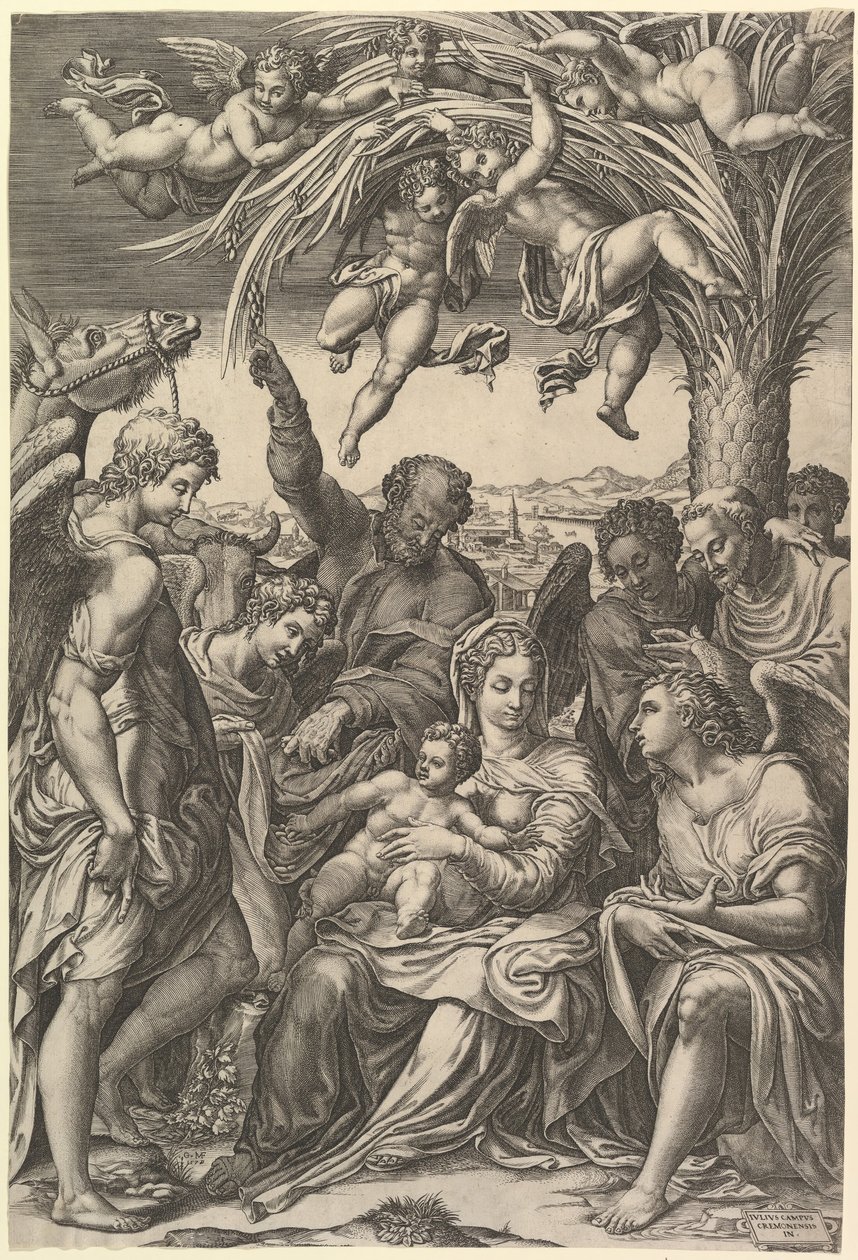 Hvil på flugten til Egypten, den hellige familie under et palmetræ omgivet af engle, sat..., 1578. af Giorgio Ghisi