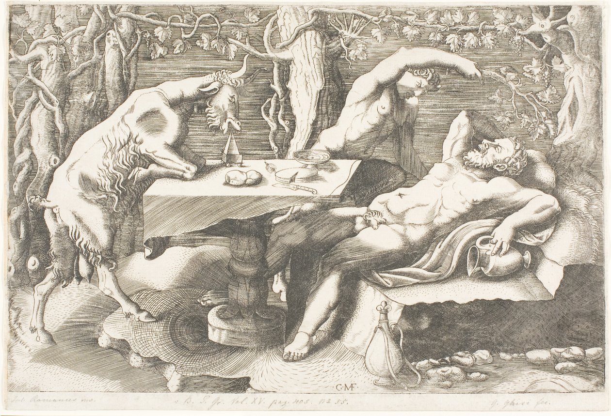 Satyr forsøger at vække Silenus med en vinranke af Giorgio Ghisi