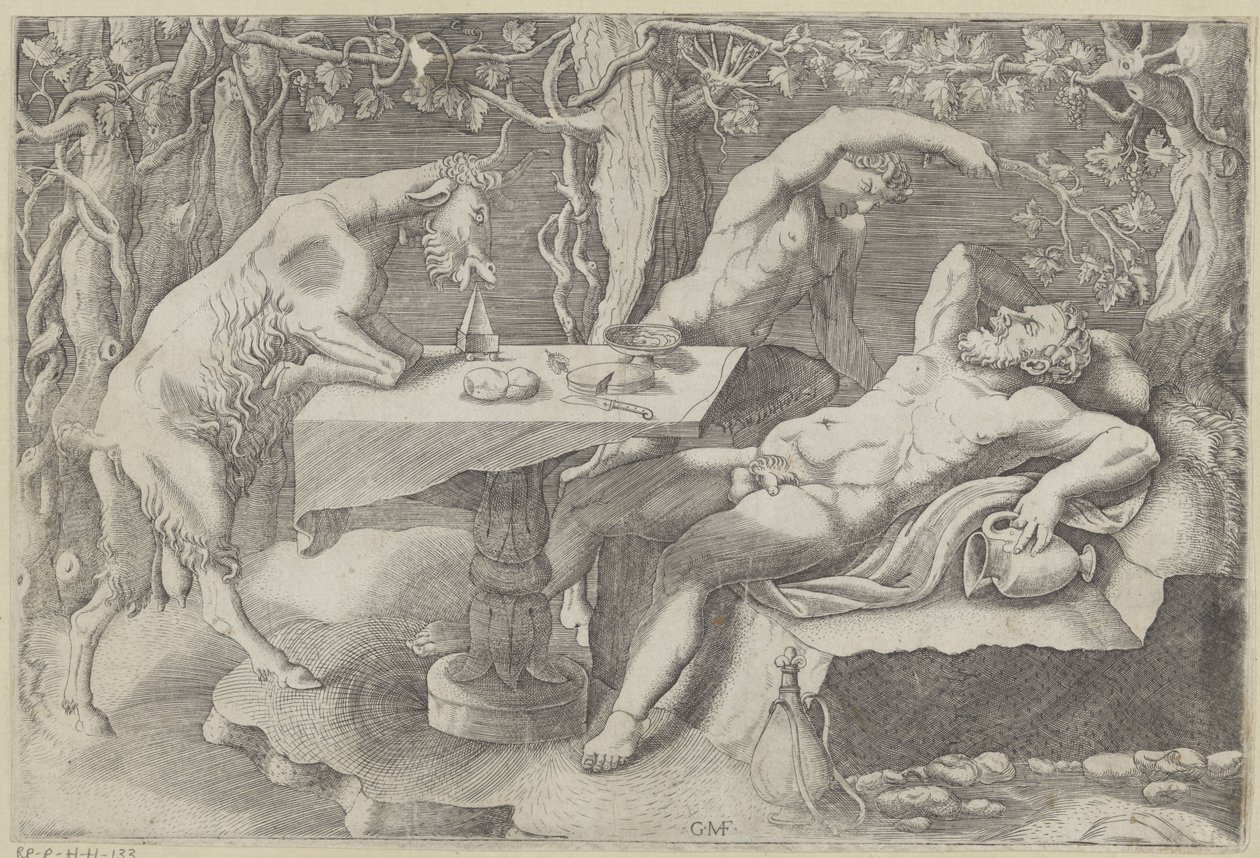 Silenus, een sater en een geit Slappende Silenus af Giorgio Ghisi