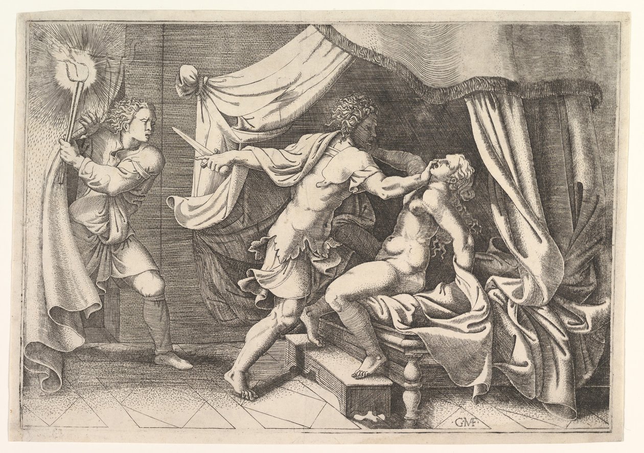 Tarquin angreb Lucretia, en tjener til venstre, der overværede scenen, ca. 1540. af Giorgio Ghisi