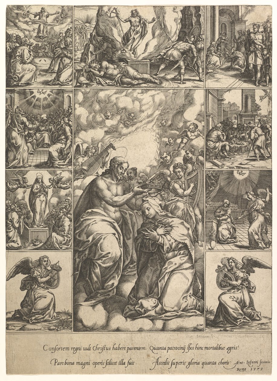 Jomfruens kroning, omgivet af ni vignetter med scener fra livet til..., i 1575. af Giorgio Ghisi