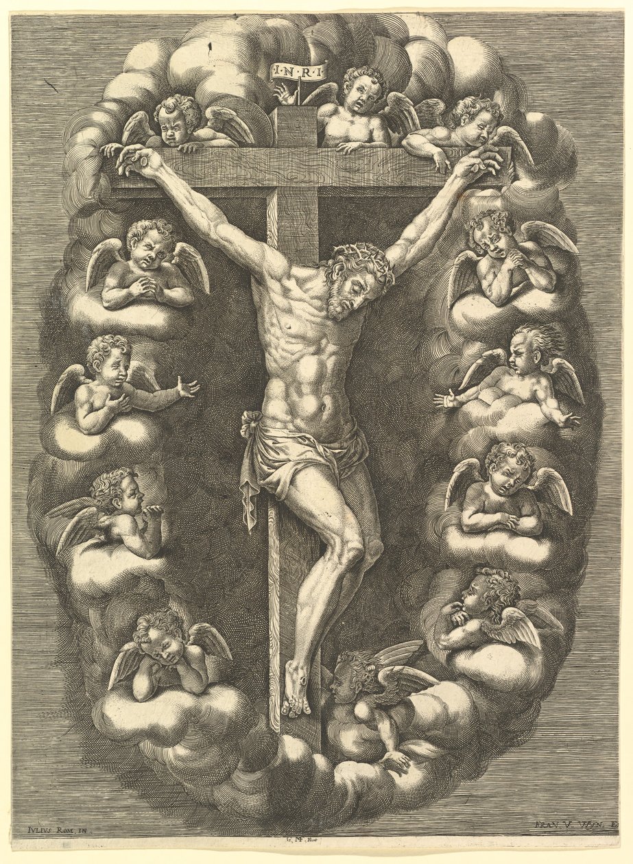 Den korsfæstede Kristus omgivet af sørgende engle, 1575-1679. af Giorgio Ghisi
