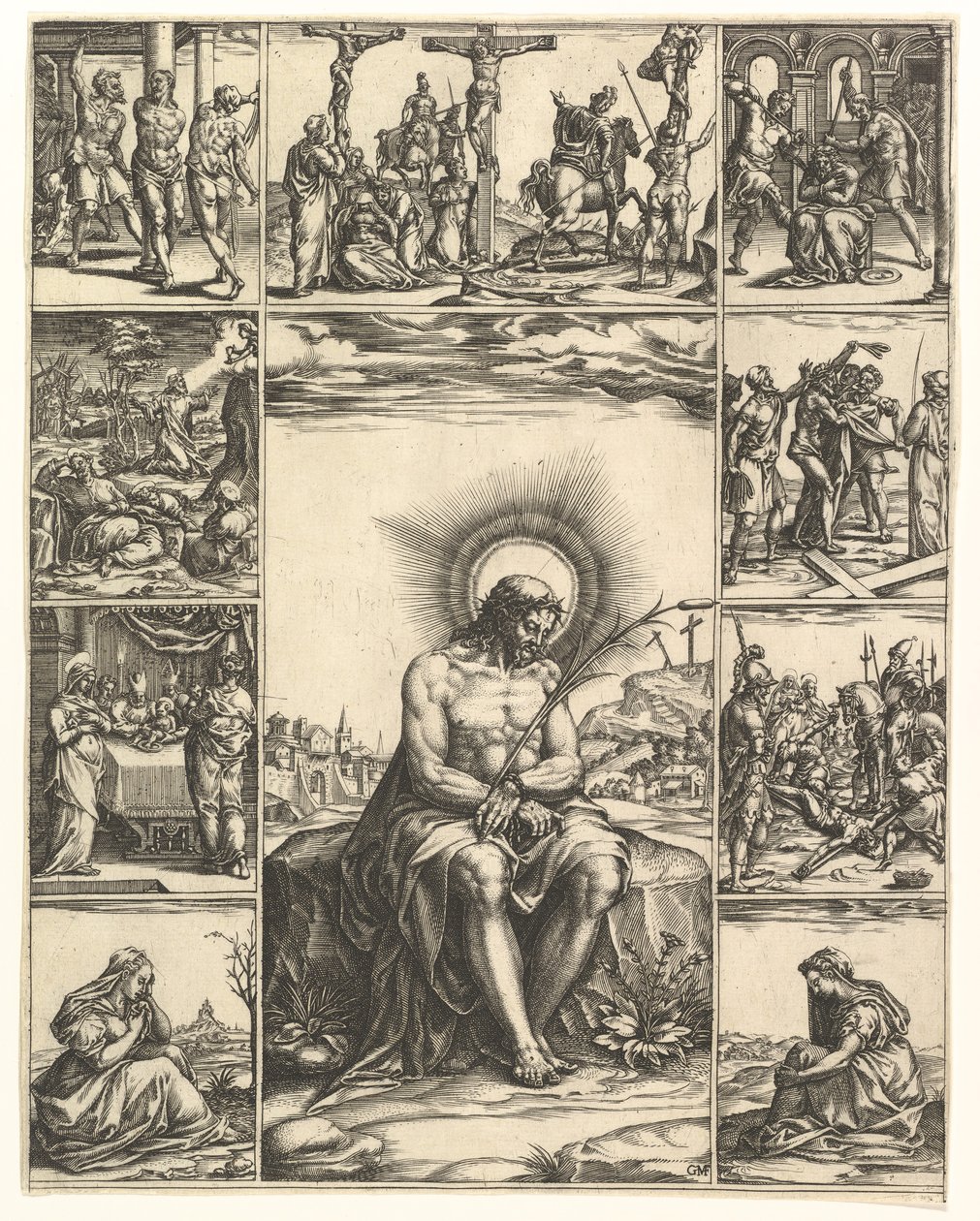 The Man of Sorrows, et billede af Kristus omgivet af ni vignetter, der skildrer scener af..., fra 1575. af Giorgio Ghisi