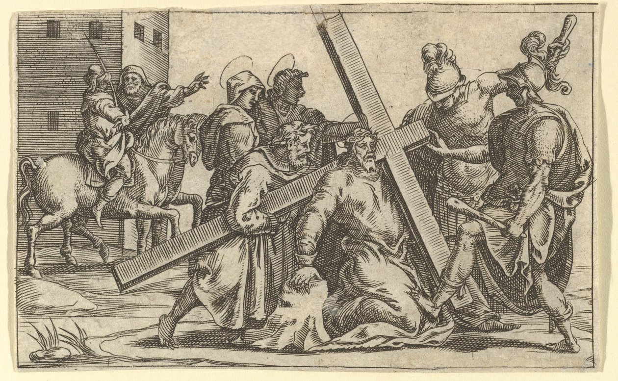 The Virgin of Sorrows: Christ Bearing the Cross, en af ni omgivende rum f..., i 1575. af Giorgio Ghisi