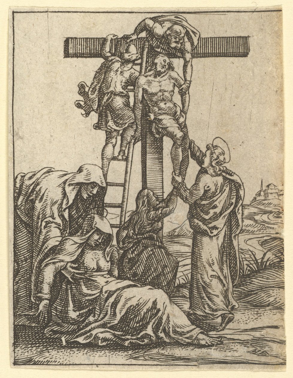 The Virgin of Sorrows: The Descent from the Cross, et af ni omgivende rum..., i 1575. af Giorgio Ghisi