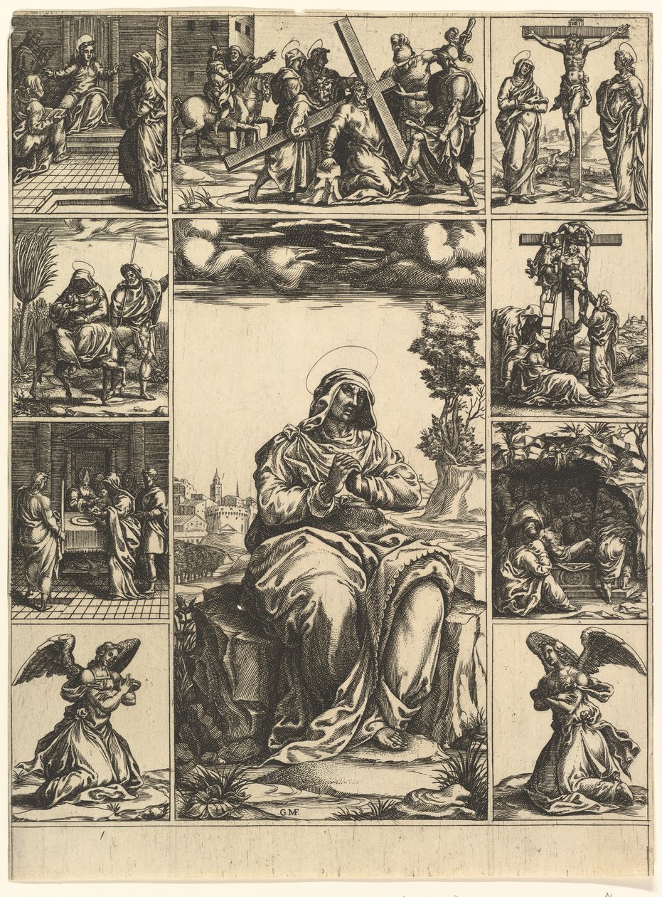 Jomfruen af sorger, et billede af Jomfru Maria omgivet af ni vignetter afbilder..., ca. 1575. af Giorgio Ghisi
