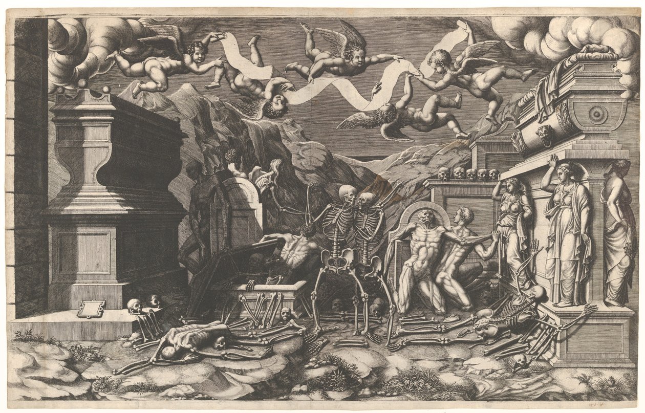 The Vision of Ezekiel, en gruppe af lig og skeletter, der dukker op af grave, over dem ..., 1554. af Giorgio Ghisi