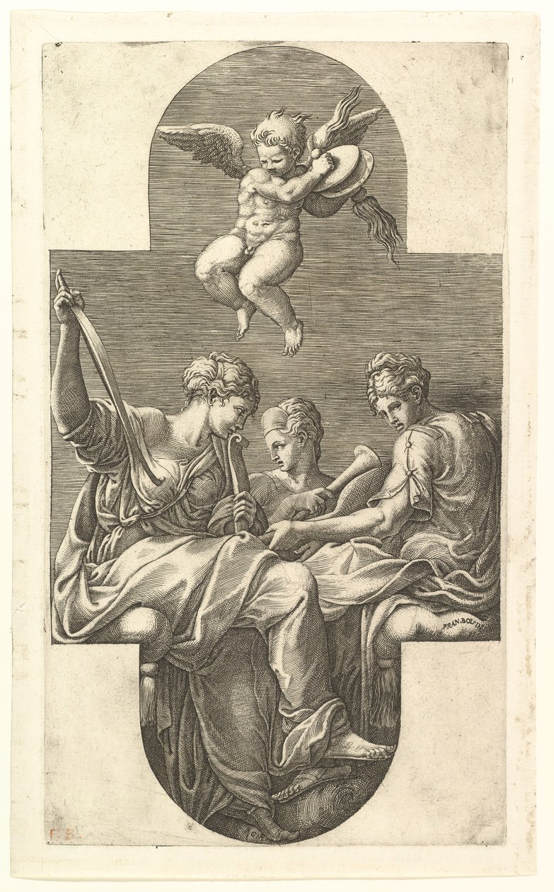 Three Muses and a Putto with Cymbals, en korsformet komposition, fra en serie på otte kom..., 1560