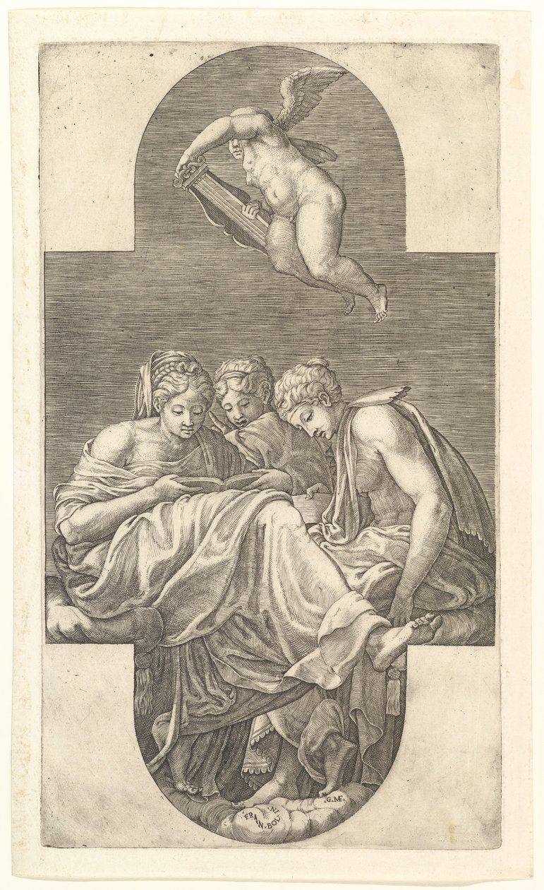 Three Muses and a Putto with a Lyre, en korsformet komposition, fra en serie på otte komp..., 1560