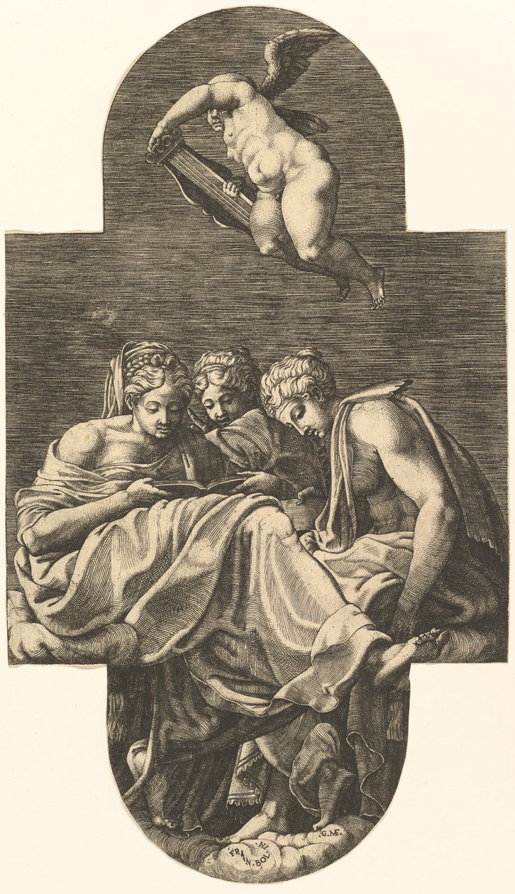 Tre muser og en putto over med en lyre, fra en serie på otte kompositioner efter Fran..., 1560