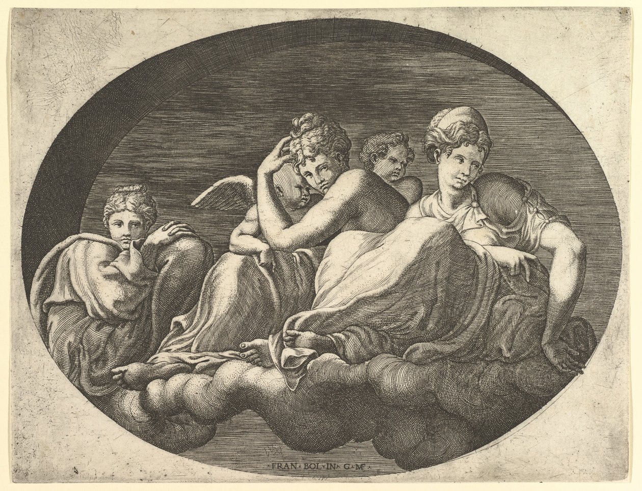 Venus og Amor, To andre gudinder og en Putto, fra en serie på otte kompositioner af..., 1560