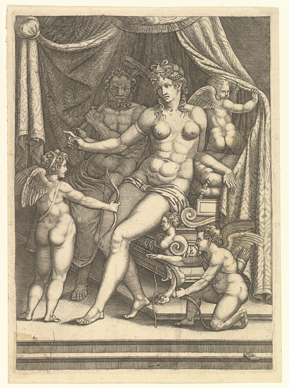 Venus og Vulcan siddende på en seng og tre putti, midten af 1550