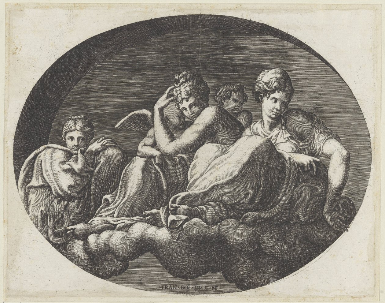 Venus, to gudinder og to putti Ovale loftmalerier i Galerie d