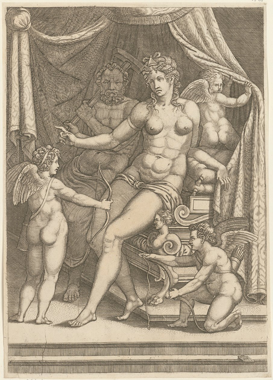 Venus og Vulkan siddende på en seng af Giorgio Ghisi