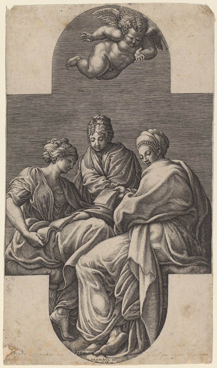 Tre muser og en gestusende putto af Giorgio Ghisi after Francesco Primaticcio