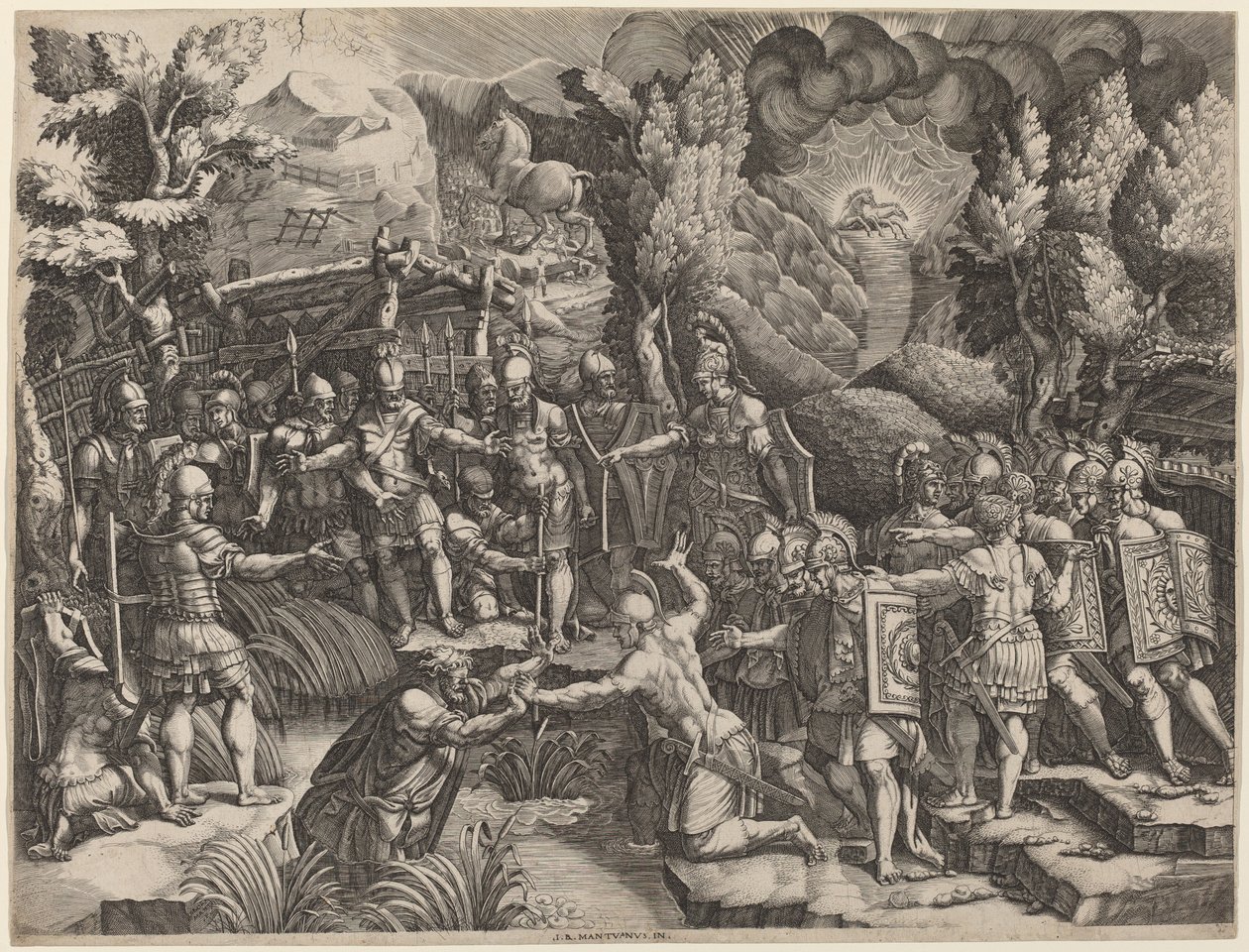 Sinon bedrager trojanerne af Giorgio Ghisi after Giovanni Battista Scultori