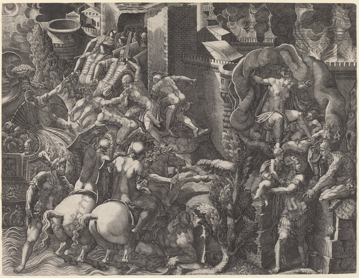 Trojas fald og Æneas flugt af Giorgio Ghisi after Giovanni Battista Scultori