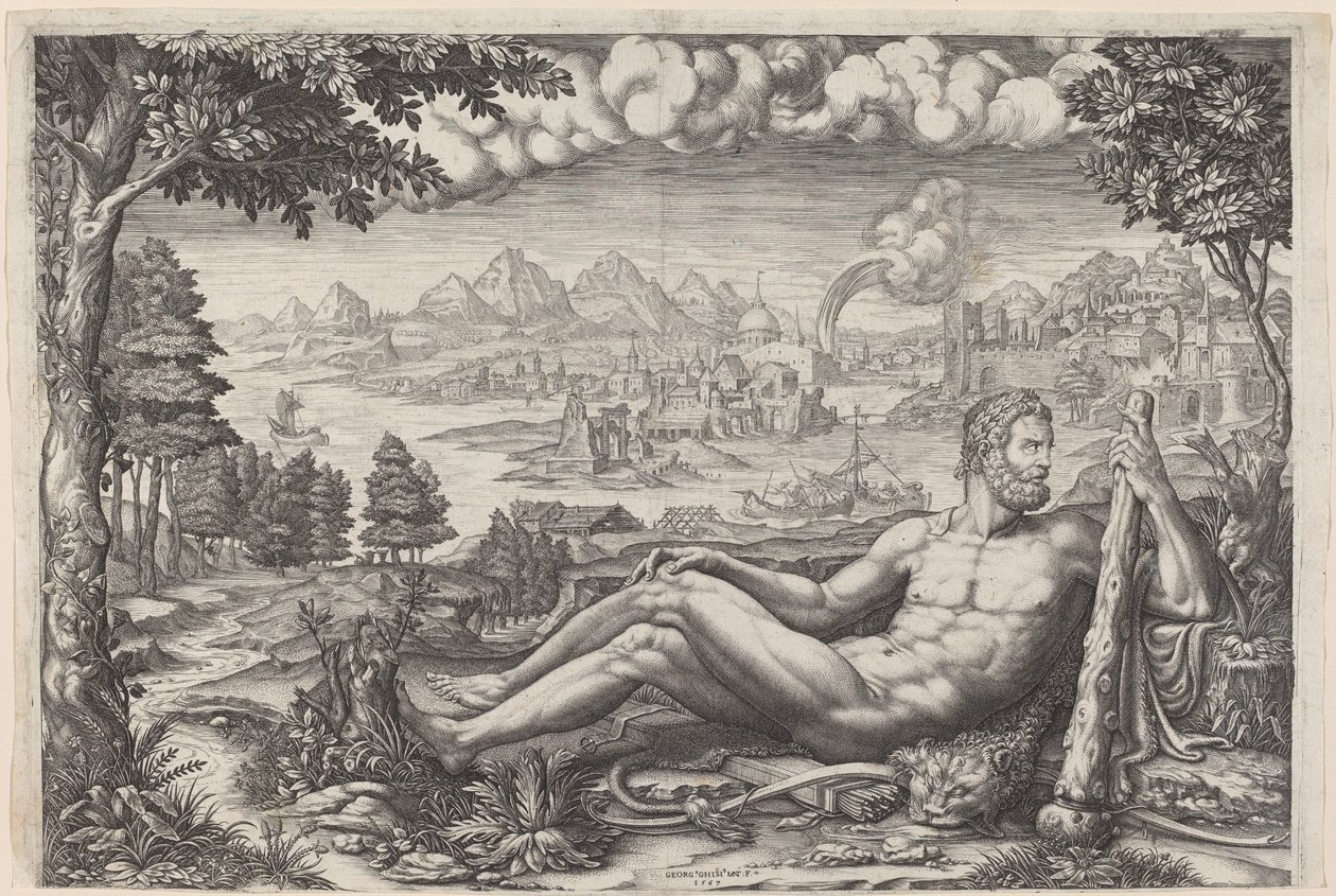 Hercules hviler fra sit arbejde af Giorgio Ghisi after Giulio Romano