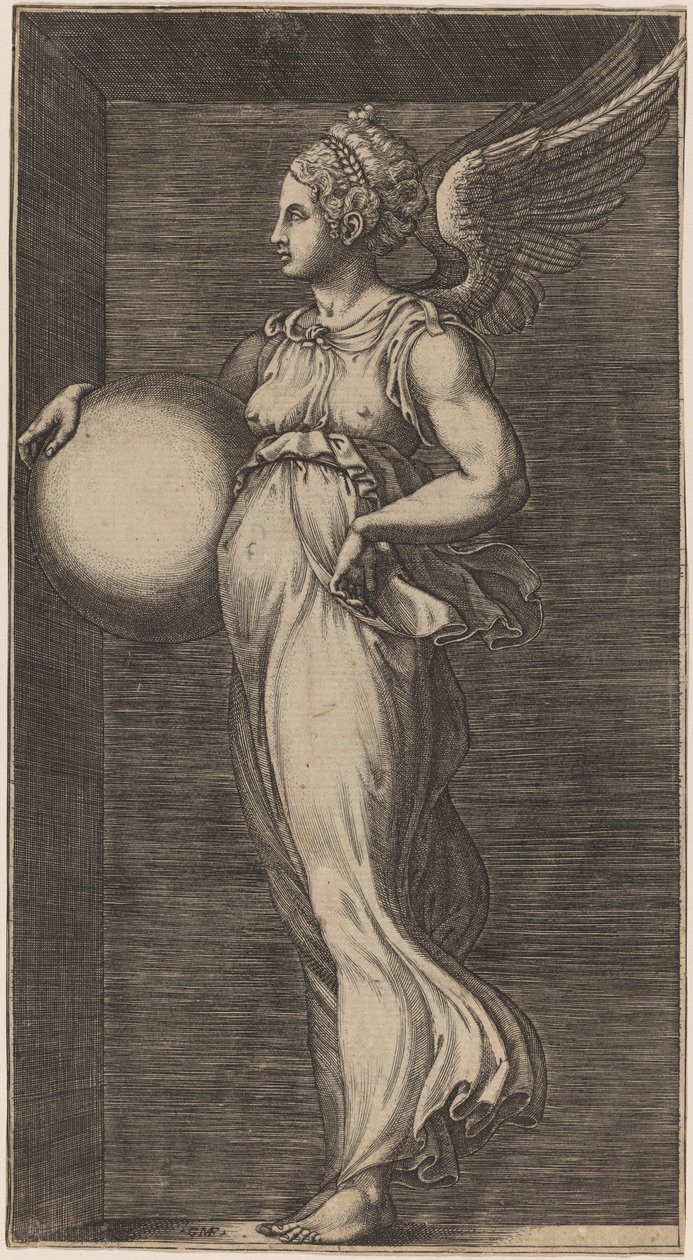 Allegorisk figur, der holder en kugle af Giorgio Ghisi possibly after Giulio Romano