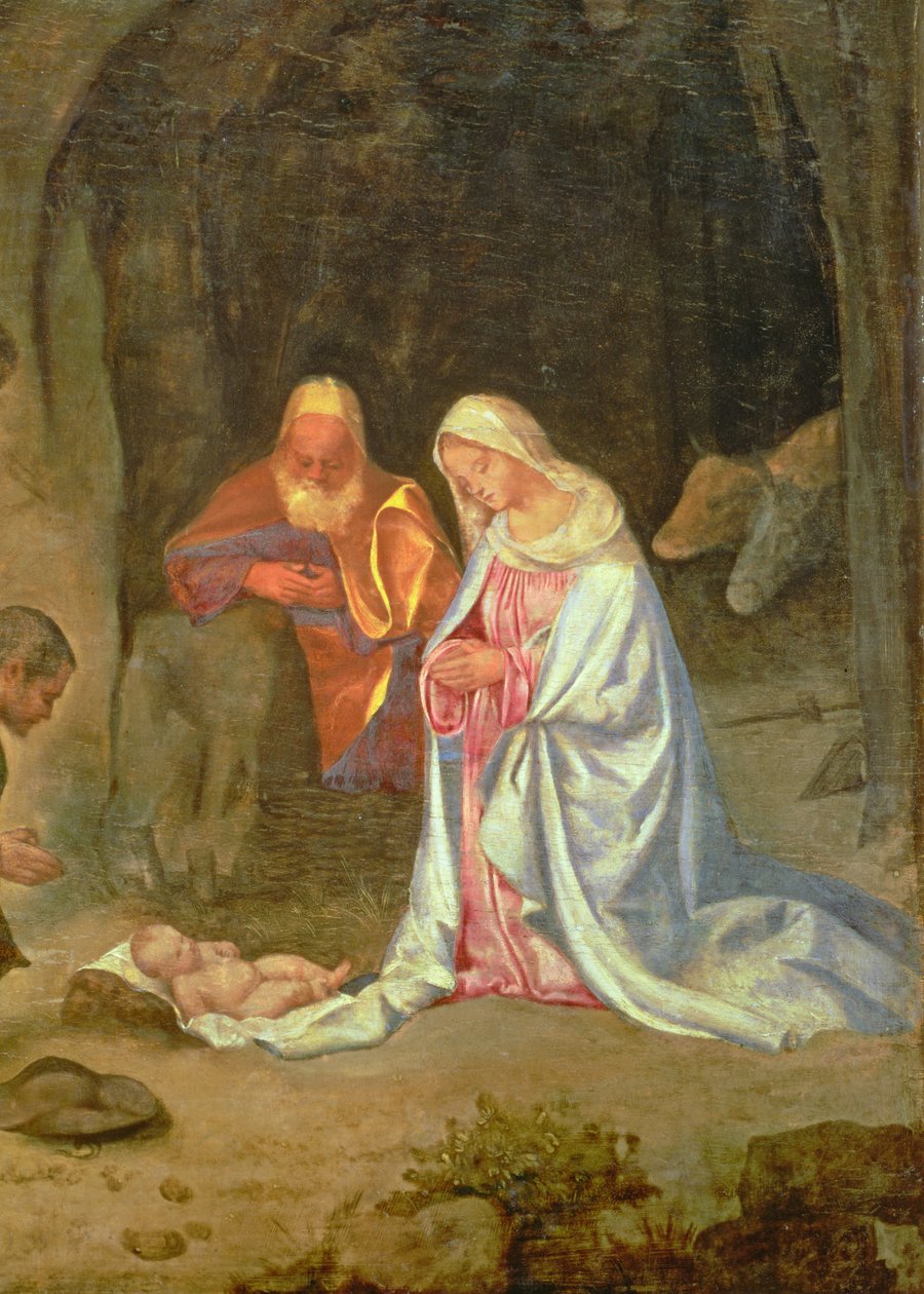 Tilbedelse af hyrderne, detalje fra den hellige familie, ca. 1510 (panel) (detalje af 68685) af Giorgio Giorgione