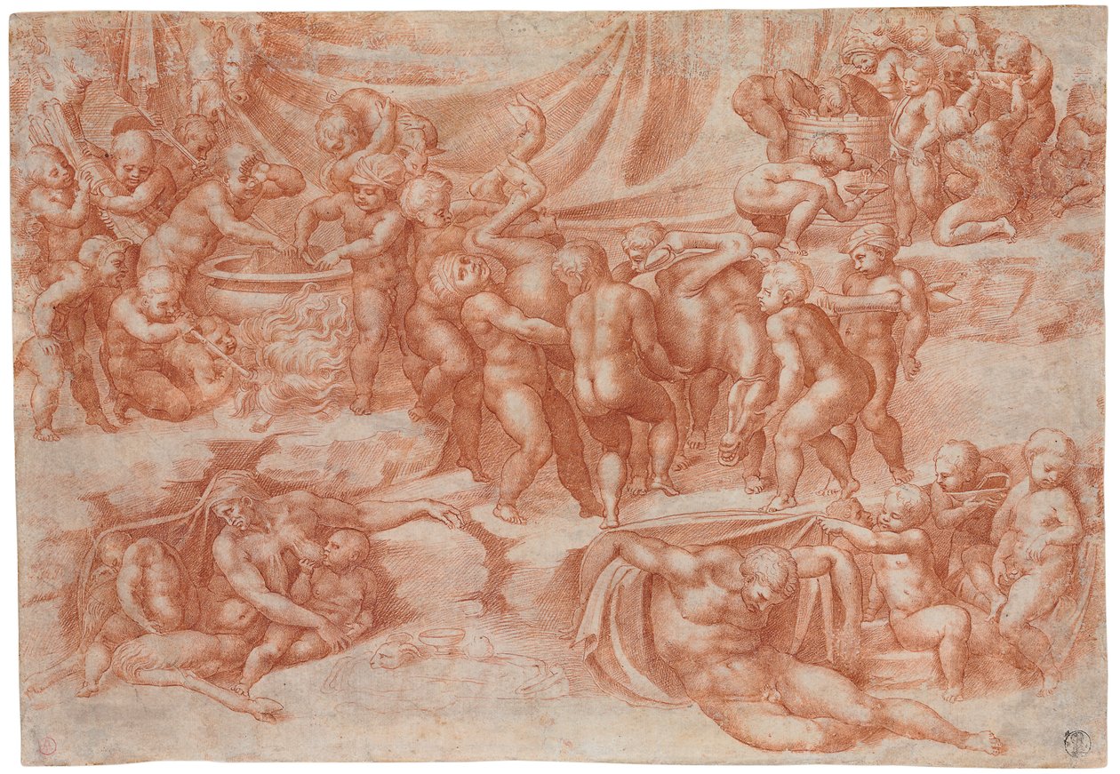 En bacchanal af børn, efter Michelangelo af Giorgio Giulio Clovio