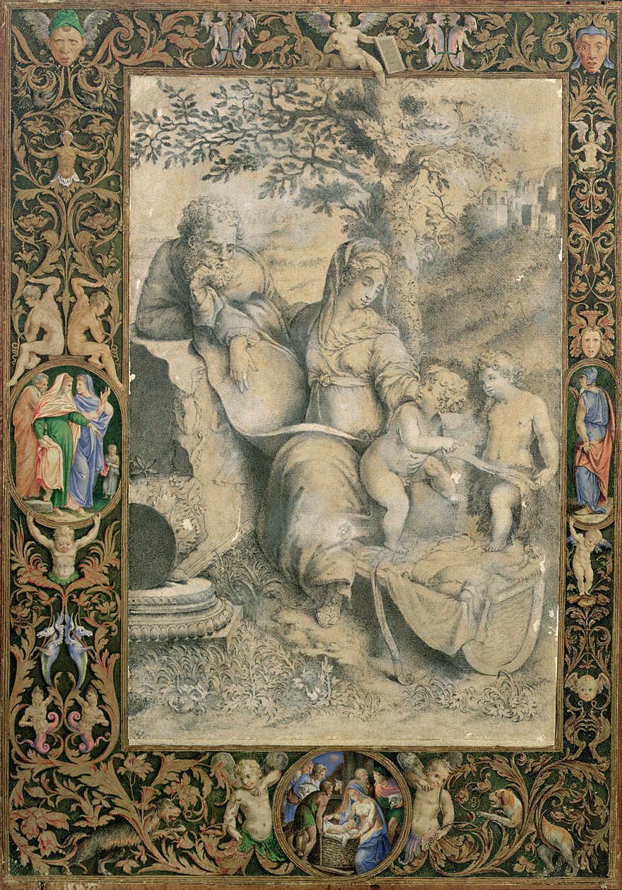 Kant til et oplyst manuskript omkring en tegning efter Rafaels Den hellige familie under egetræet (tilskrevet Clovio), af Giorgio Giulio Clovio