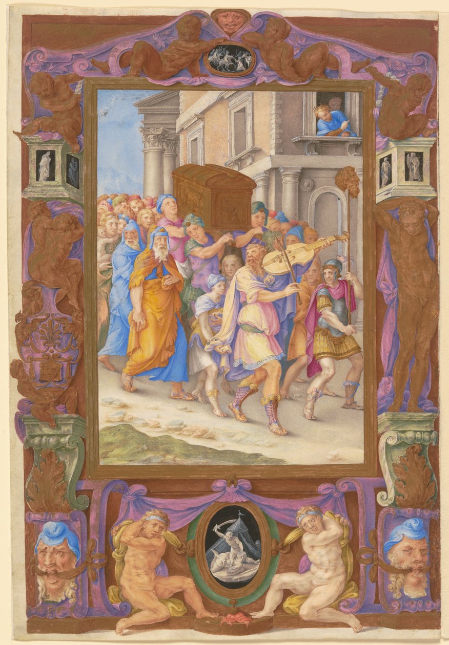 Kong David danser foran Pagtens Ark, i en dekorativ ramme, ca. 1540 (akvarel og kropsfarve på pergament) af Giorgio Giulio Clovio