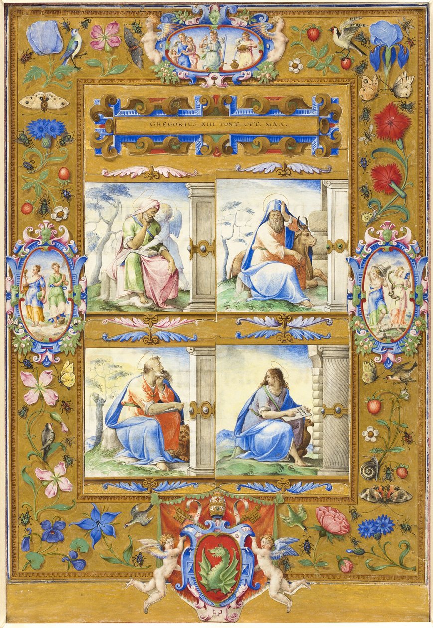 De fire evangelister inden for en grænse af blomster, fugle og insekter af Giorgio Giulio Clovio
