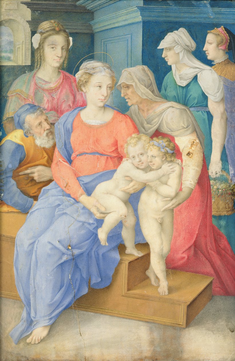 Den hellige familie med den hellige Elisabeth, Johannes Døberen og tre adelsmænd, ca. 1557 af Giorgio Giulio Clovio