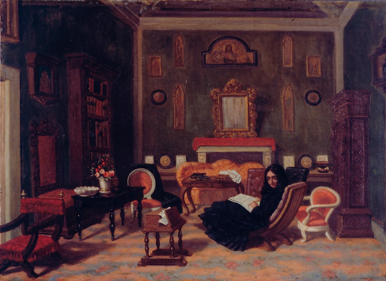 Elizabeth Barret Browning i det indre af sin stue i Guidi-huset i Firenze, ca. 1880 (olie på lærred) af Giorgio Mignaty