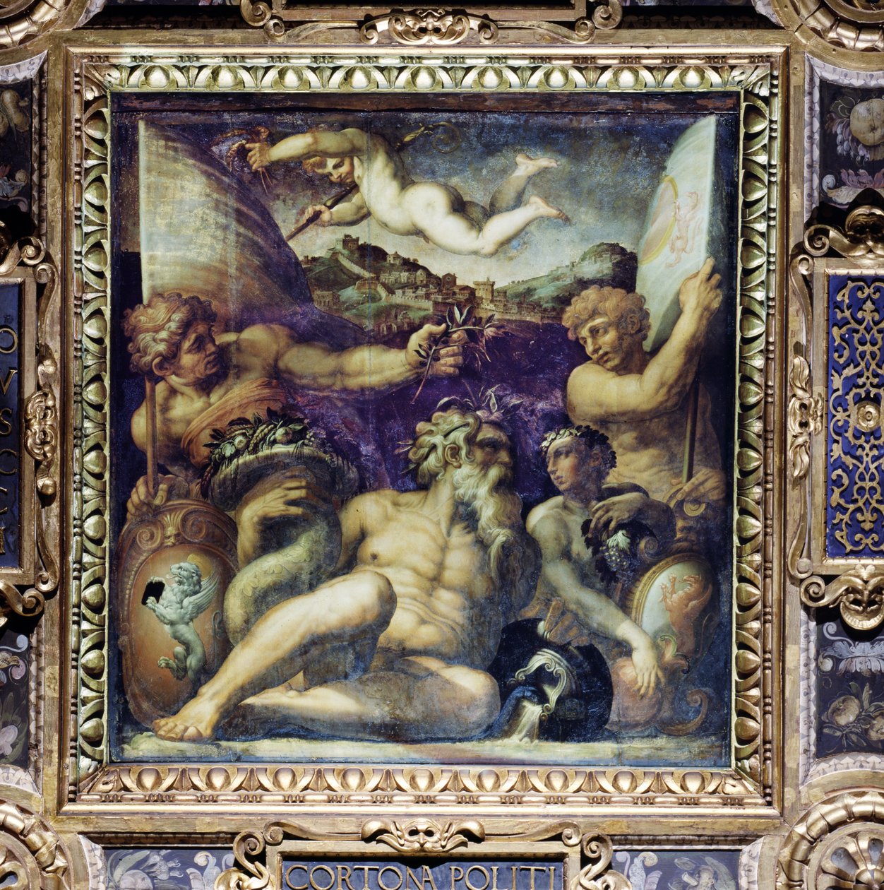 Allegori over Cortona- og Montepulciano-regionerne fra loftet på Salone dei Cinquecento, 1565 (panel) af Giorgio Vasari