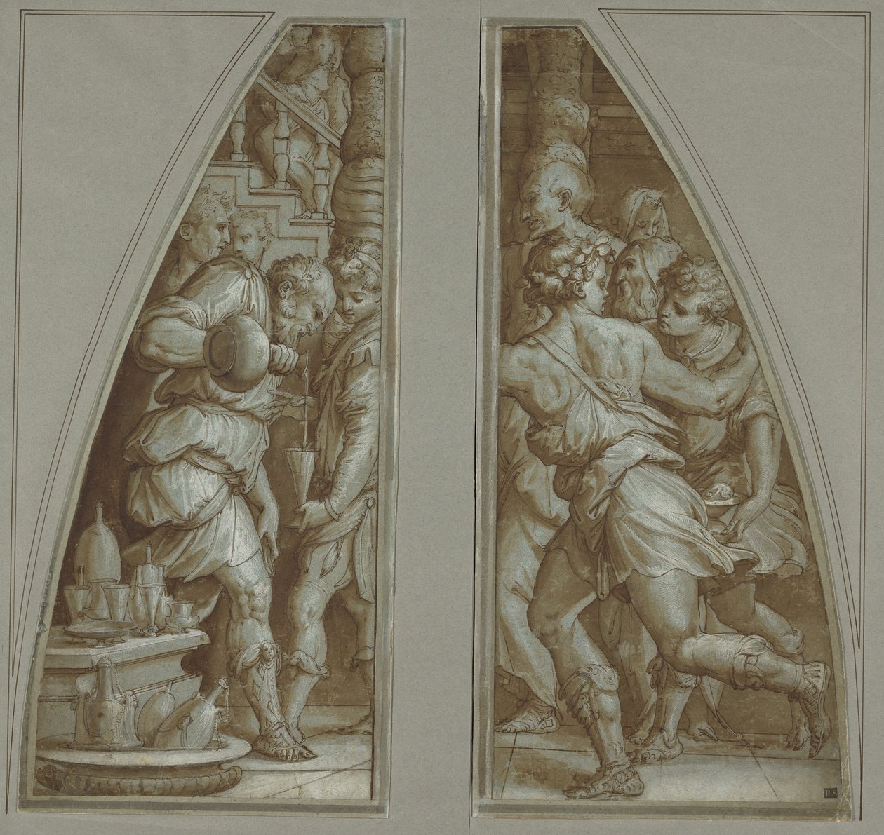 "Skægget mand fylder et glas" og "Unge løber" af Giorgio Vasari