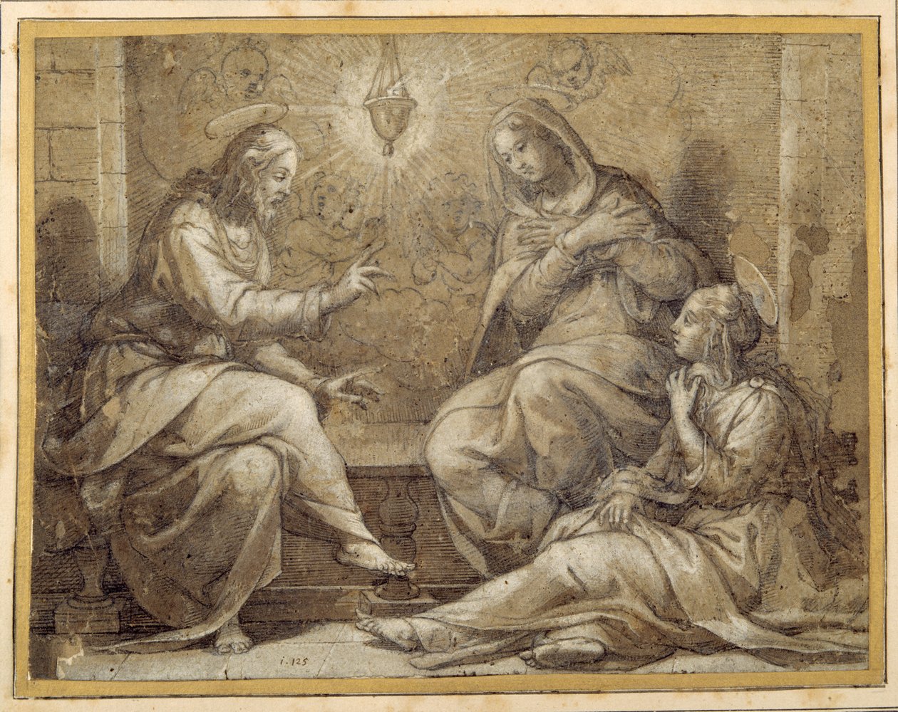 Kristus i Marthas og Marias hus (pen og blæk med vask og gouache, over kridt, på papir) af Giorgio Vasari