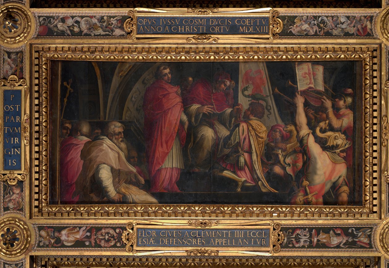 Clemente IV overdrager sin insigna til kaptajnerne i Guelph -delen af Giorgio Vasari